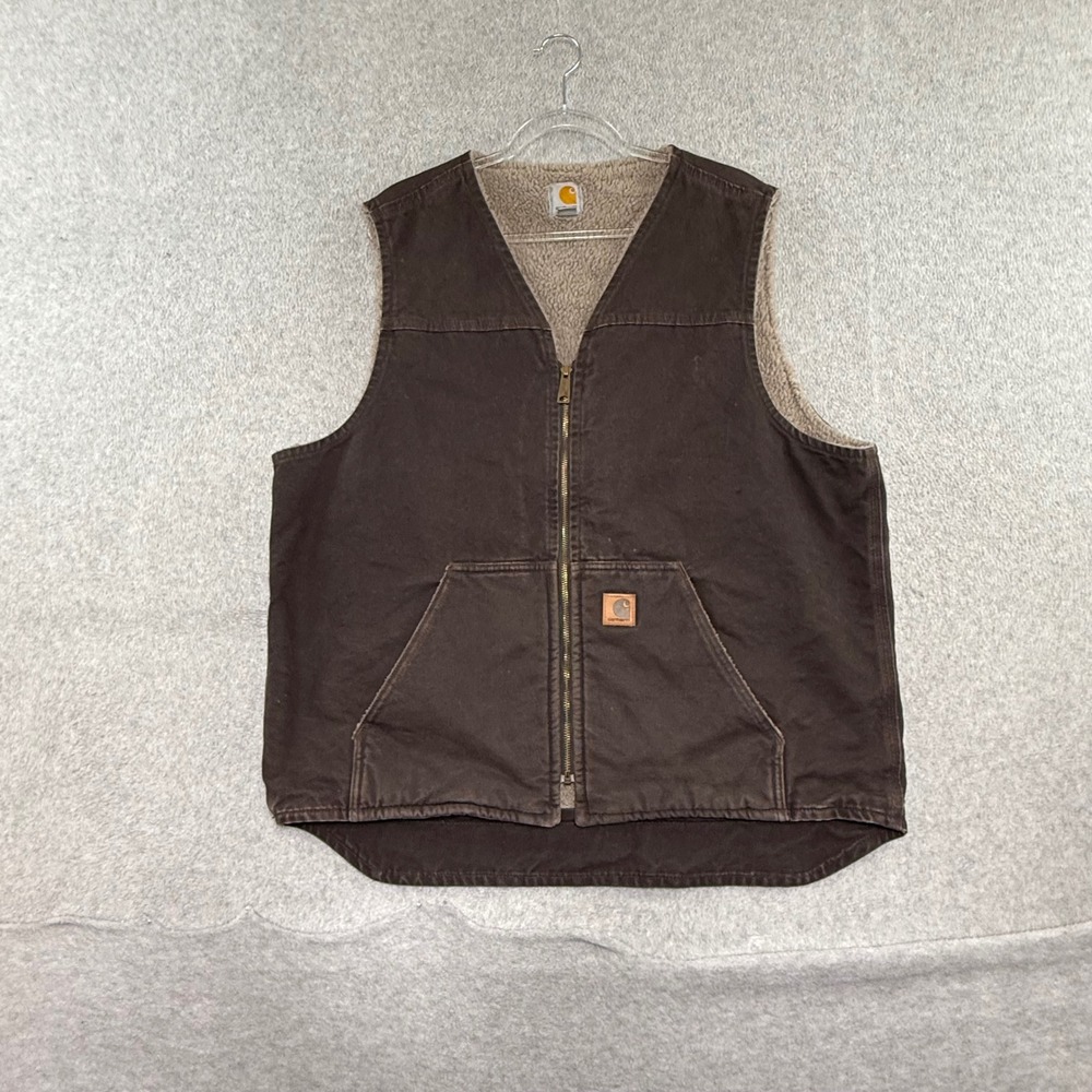 Carhartt V26 DKB Sandstone Duck Vest Mens XL Dark Brown Sherpa Lined